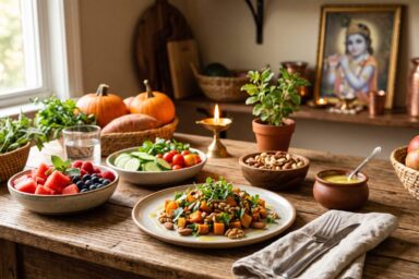 Seasonal sattvic foods and Ekadashi-friendly dishes arranged on a table