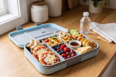 Easy school lunch ideas in a colorful bento box with mini pizzas, sandwiches, roll-ups, fruit, vegetables, pancakes, and quesadilla triangles.
