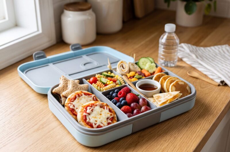 Easy school lunch ideas in a colorful bento box with mini pizzas, sandwiches, roll-ups, fruit, vegetables, pancakes, and quesadilla triangles.