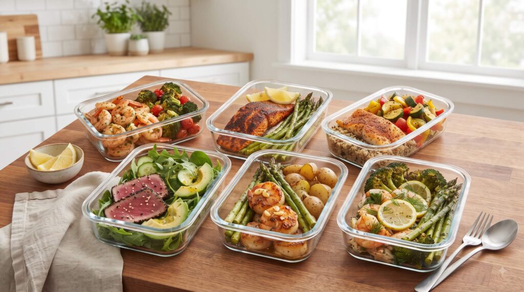 Healthy high-protein air fryer seafood meal prep with salmon, shrimp, cod, tuna, and scallops