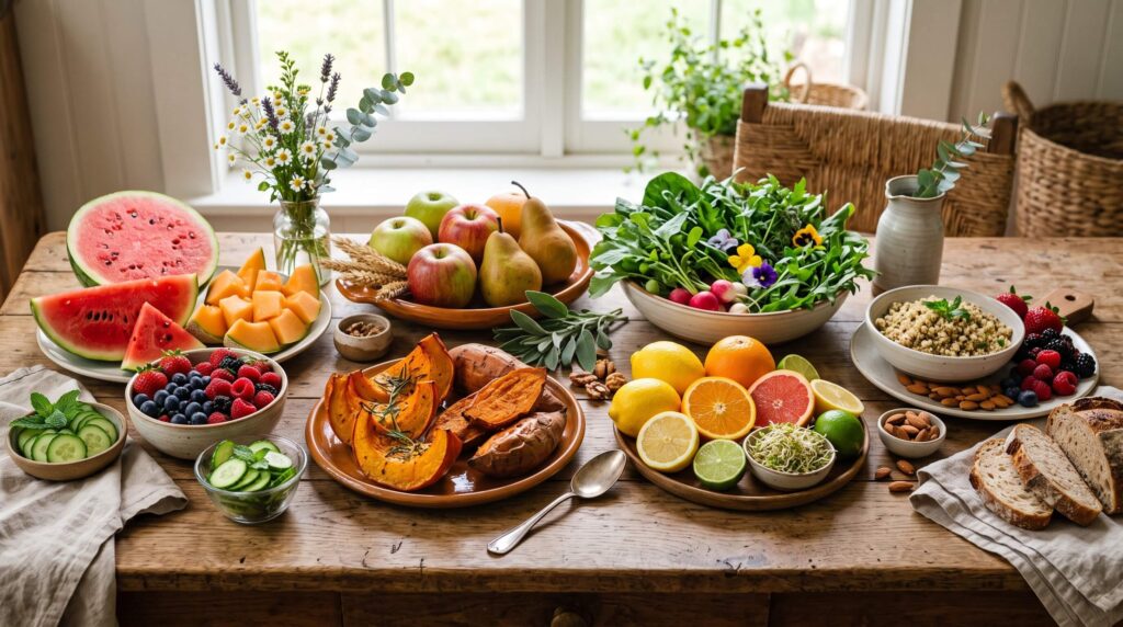 Seasonal fruits vegetables and sattvic ingredients for a balanced diet