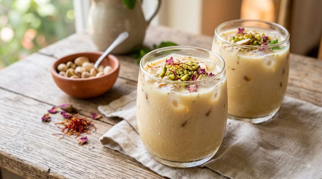 Chilled Shardai drink served over ice with crushed pistachios, almonds and saffron garnish