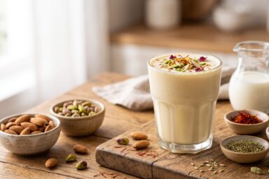 Creamy Shardai drink topped with pistachios, almonds, saffron and rose petals surrounded by traditional spices and nuts
