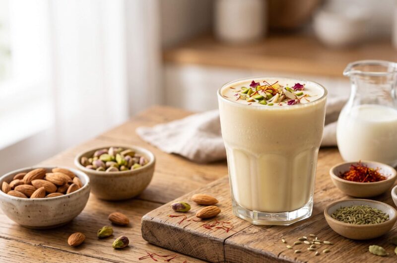 Creamy Shardai drink topped with pistachios, almonds, saffron and rose petals surrounded by traditional spices and nuts
