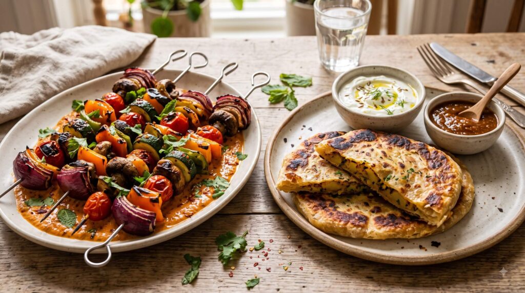 Charred vegetables in creamy sauce with flaky spiced potato flatbread