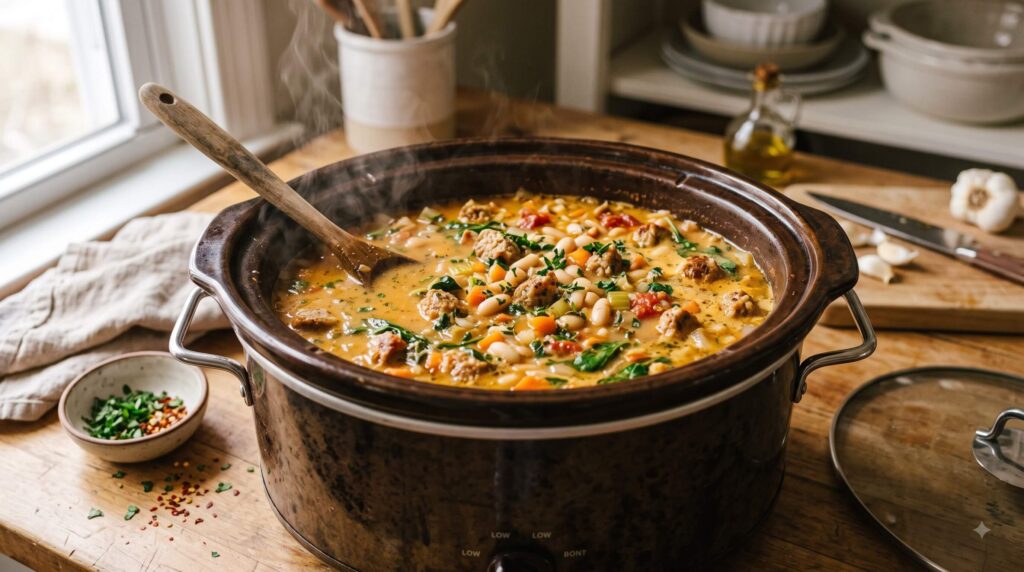 Tuscan white bean sausage soup cooking in a slow cooker
