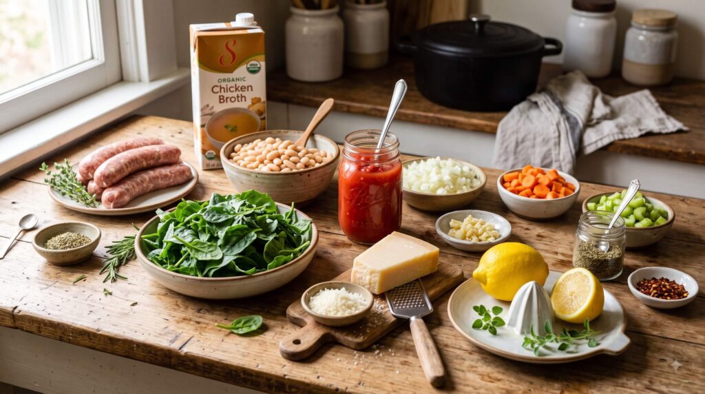 Ingredients for creamy Tuscan white bean and sausage crockpot soup