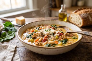 Creamy Tuscan white bean and sausage crockpot soup with kale and Parmesan