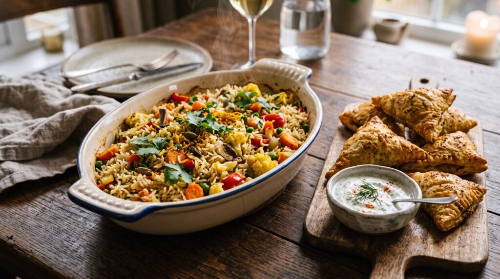 Fragrant spiced vegetable rice casserole and crispy potato pastry pockets