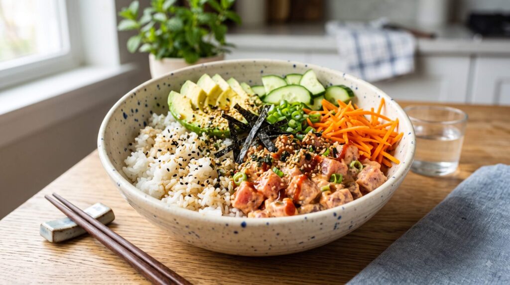 Deconstructed spicy tuna sushi bowl with avocado and cucumber
