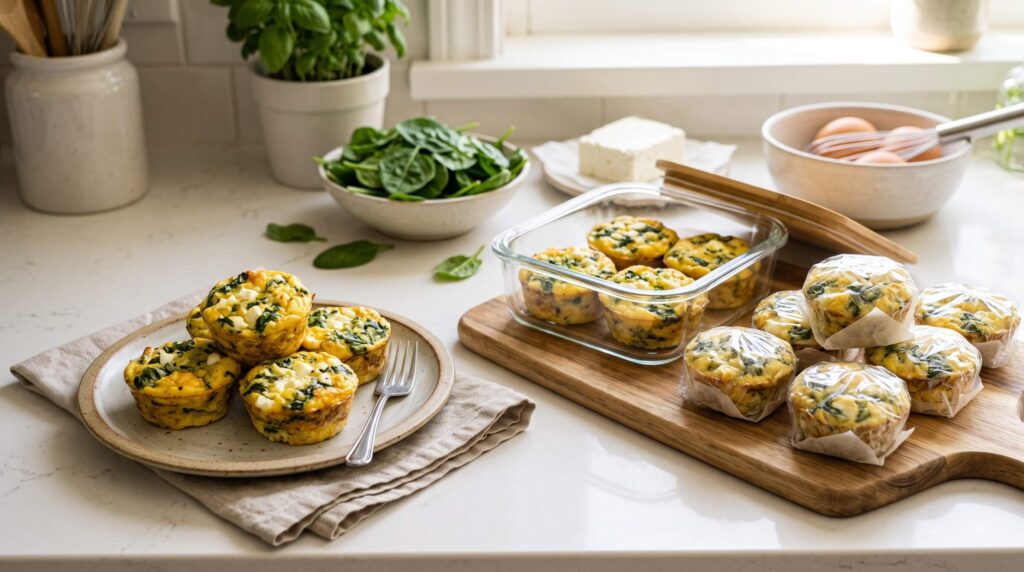 Homemade spinach and feta egg bites prepared for freezer breakfast meal prep