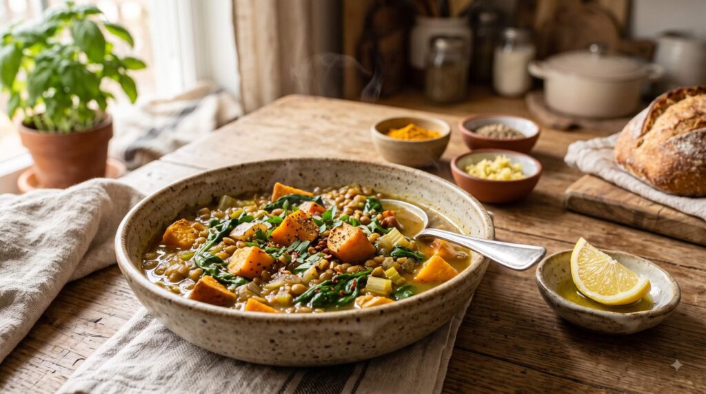 Hearty sweet potato and lentil stew with spinach and warming spices