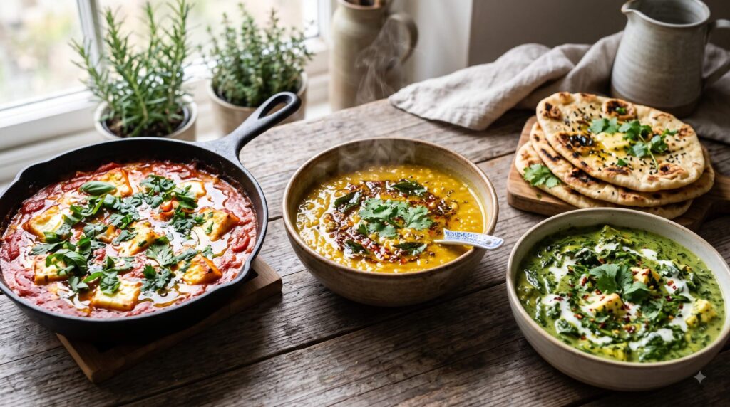 Tomato butter skillet, golden spiced lentil soup and creamy spinach stew