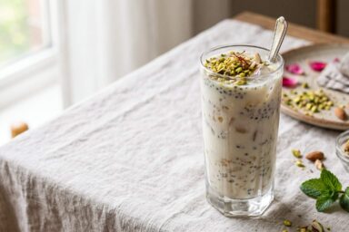 Tragacanth Gum Cooler with creamy milk, basil seeds, pistachios, almonds, and saffron