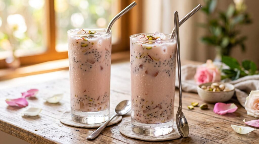 Chilled Tragacanth Gum Cooler served with milk, basil seeds, pistachios, almonds, saffron, and ice
