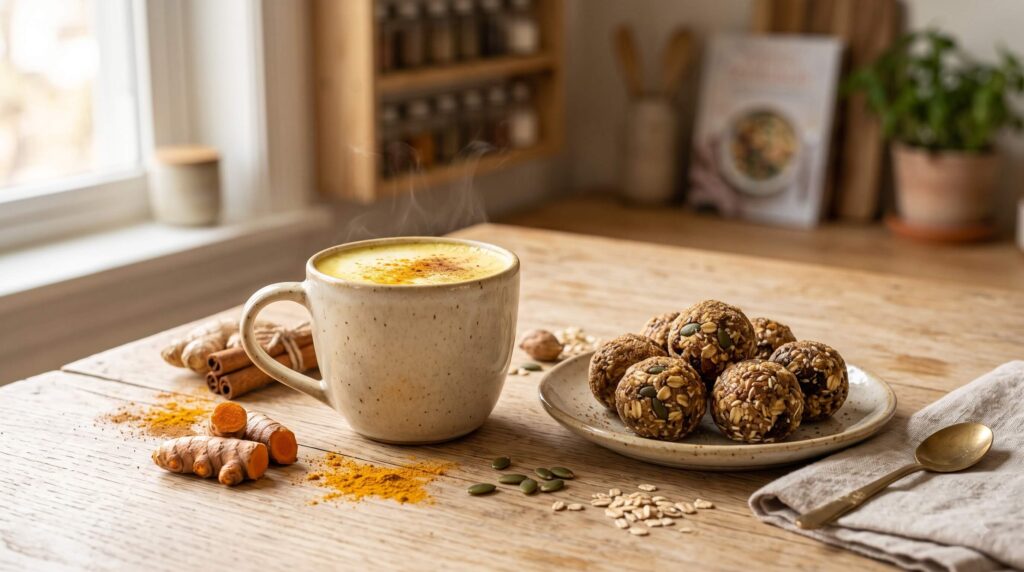 Golden milk latte with homemade flaxseed and pumpkin seed energy bites