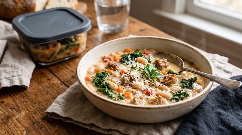 Creamy Tuscan sausage and white bean soup ready for meal prep