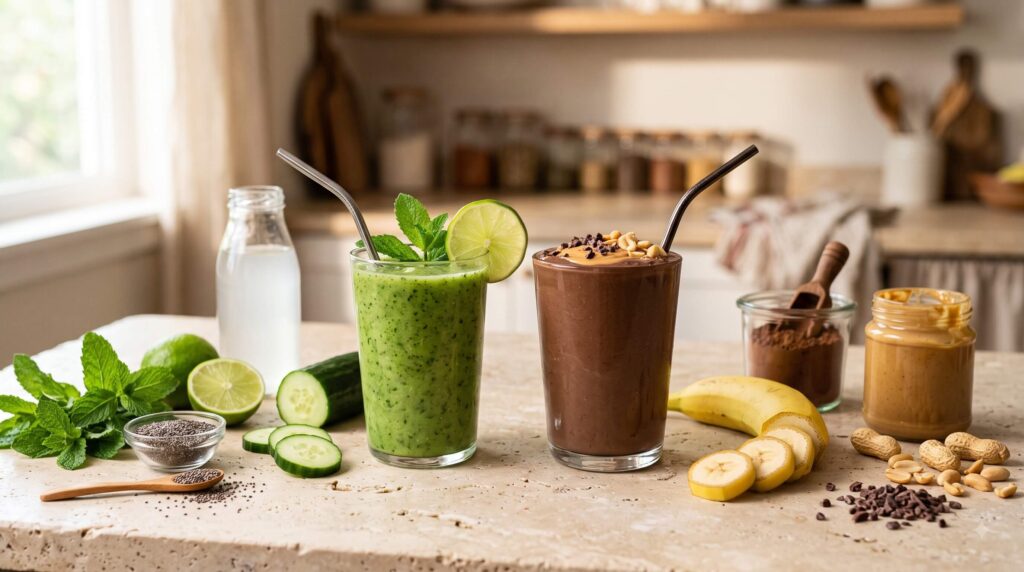 Chocolate peanut butter protein smoothie and refreshing cucumber mint smoothie