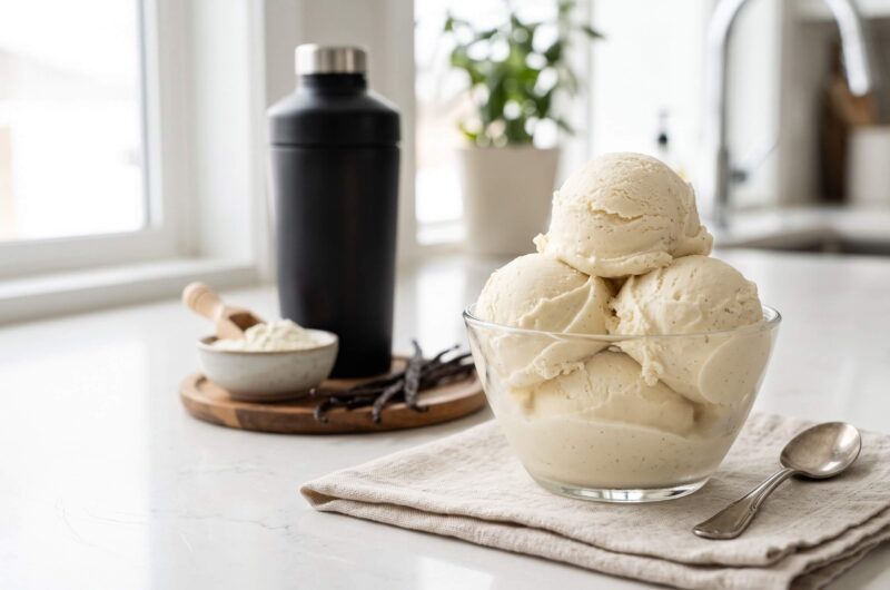 Ninja Creami protein ice cream in a bowl with vanilla protein powder and ingredients
