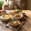 Sattvic vegetarian meals including apple cinnamon oats, lentil stew, and butternut squash soup