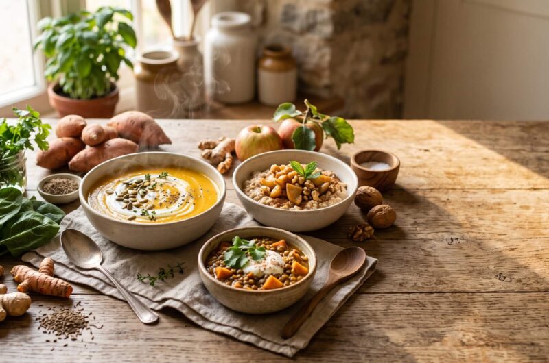 Sattvic vegetarian meals including apple cinnamon oats, lentil stew, and butternut squash soup