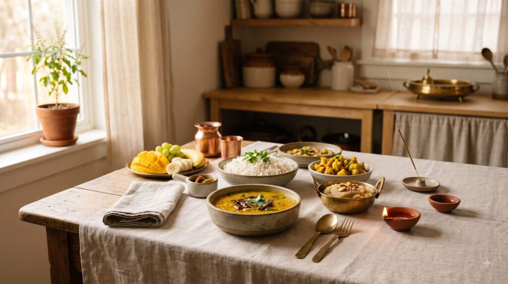 Vegetarian meal prepared and offered with gratitude in the spirit of prasadam