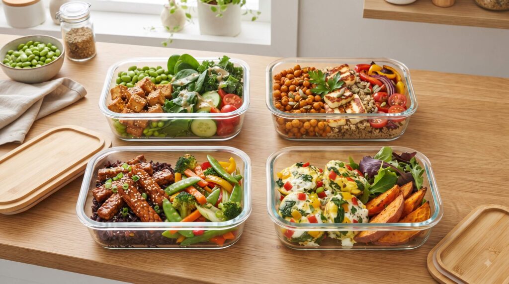 High-protein vegetarian air fryer meal prep with crispy tofu, edamame, tempeh, and cottage cheese bites