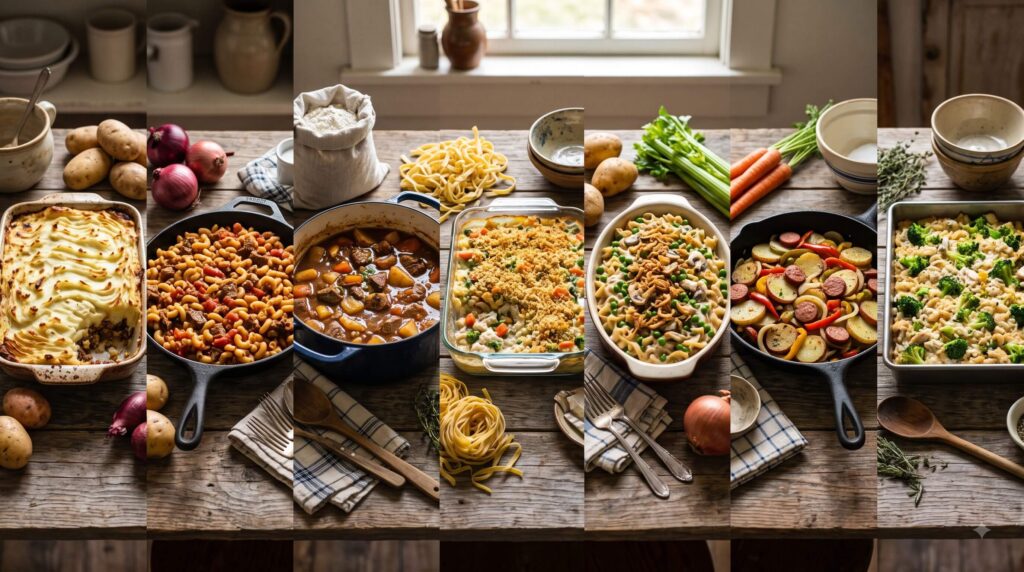 Seven vintage poor man's dinners including casseroles, stew, noodles, potatoes, sausage, and skillet meals