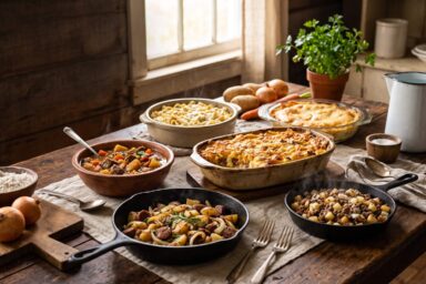 7 forgotten poor man's dinners from the 1930s featuring vintage casseroles, beef stew, potatoes, noodles, and skillet meals