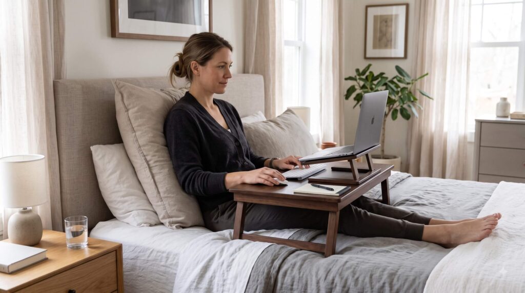 Ergonomic laptop setup showing how to work comfortably and productively from bed.