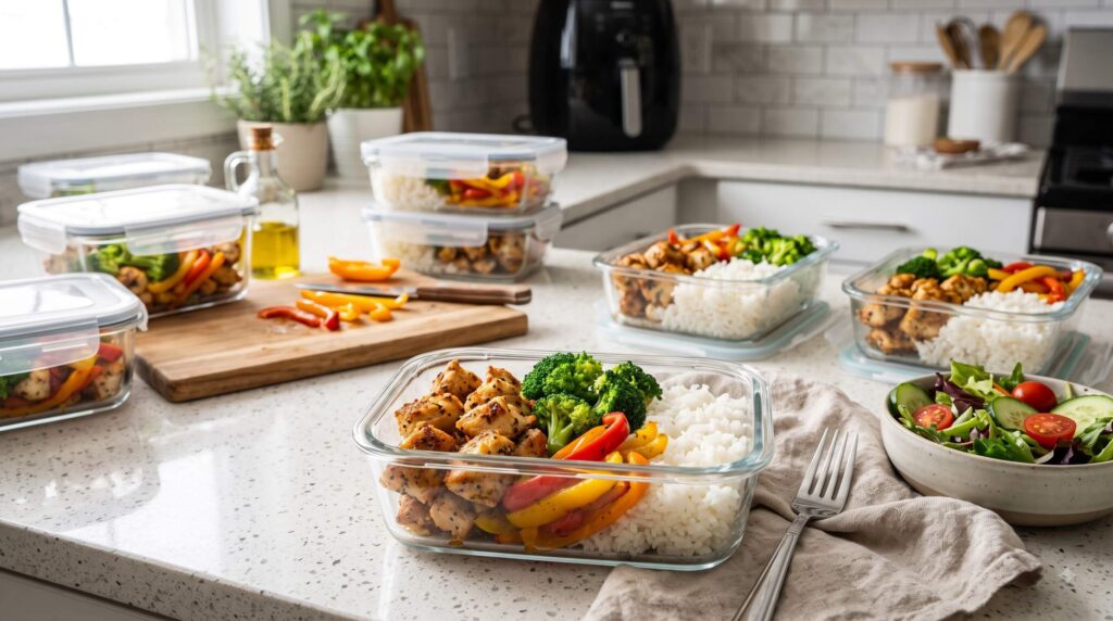 Air fryer chicken meal prep with crispy chicken, rice, broccoli and fresh vegetables