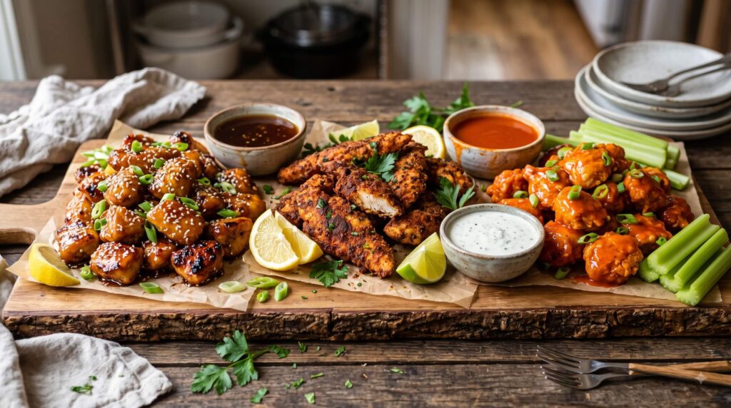 Honey garlic chicken bites, Cajun chicken strips and buffalo chicken bites made in an air fryer