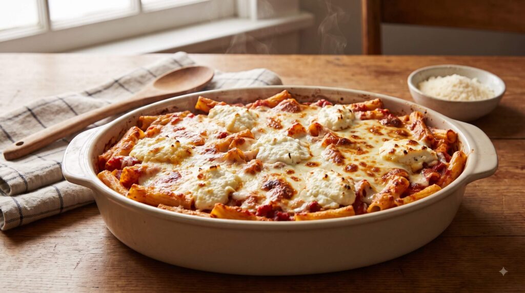 5-ingredient dump and bake baked ziti with marinara, ricotta, and melted mozzarella.