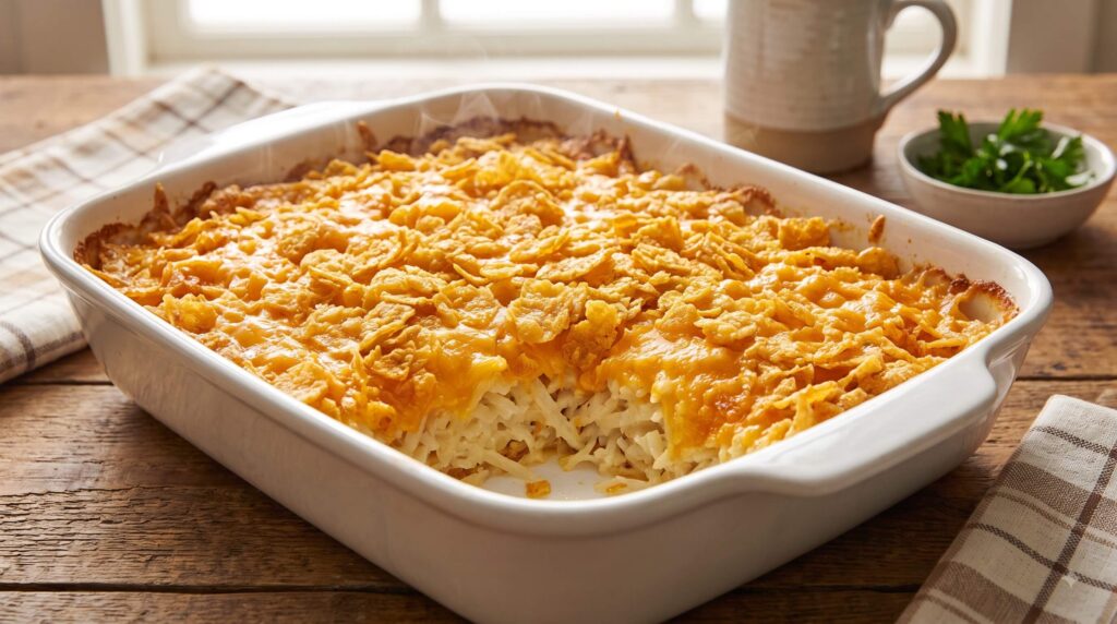 Golden cheesy hashbrown casserole with a crispy cornflake topping fresh from the oven.