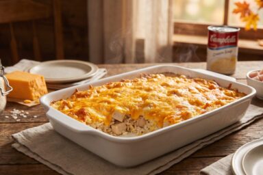 Cheesy chicken and rice dump and bake casserole with melted cheddar in a 9x13 baking dish.