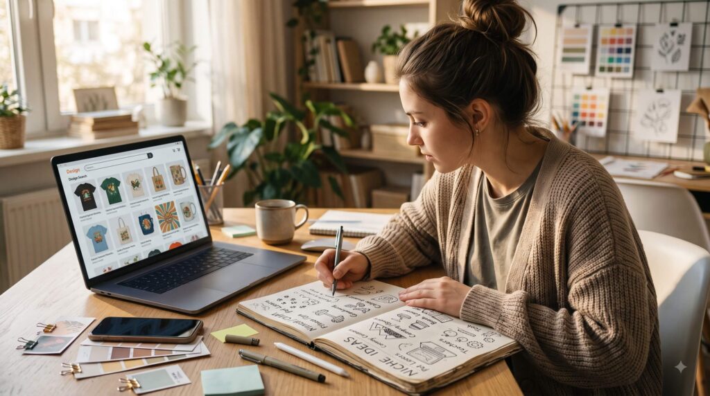 Beginner researching print on demand niches and creating product design ideas