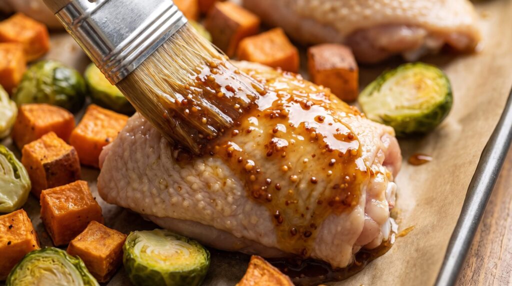 Brushing raw chicken thighs with maple mustard glaze on a sheet pan alongside sweet potatoes and Brussels sprouts.