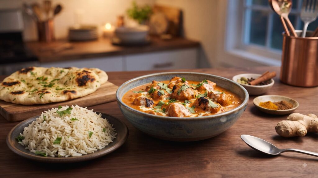 Creamy slow cooker butter chicken served with basmati rice and naan