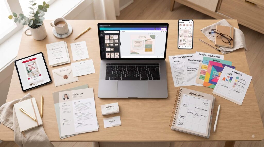Different profitable Canva template niches including social media, education, weddings, resumes, planners and Pinterest designs.