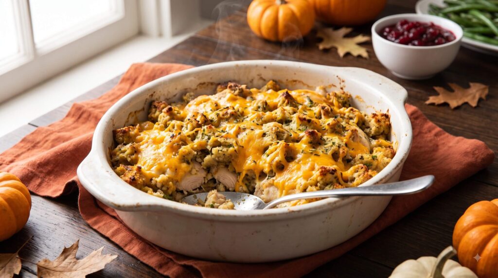 Creamy chicken and stuffing casserole with melted cheese and a golden crispy stuffing topping.