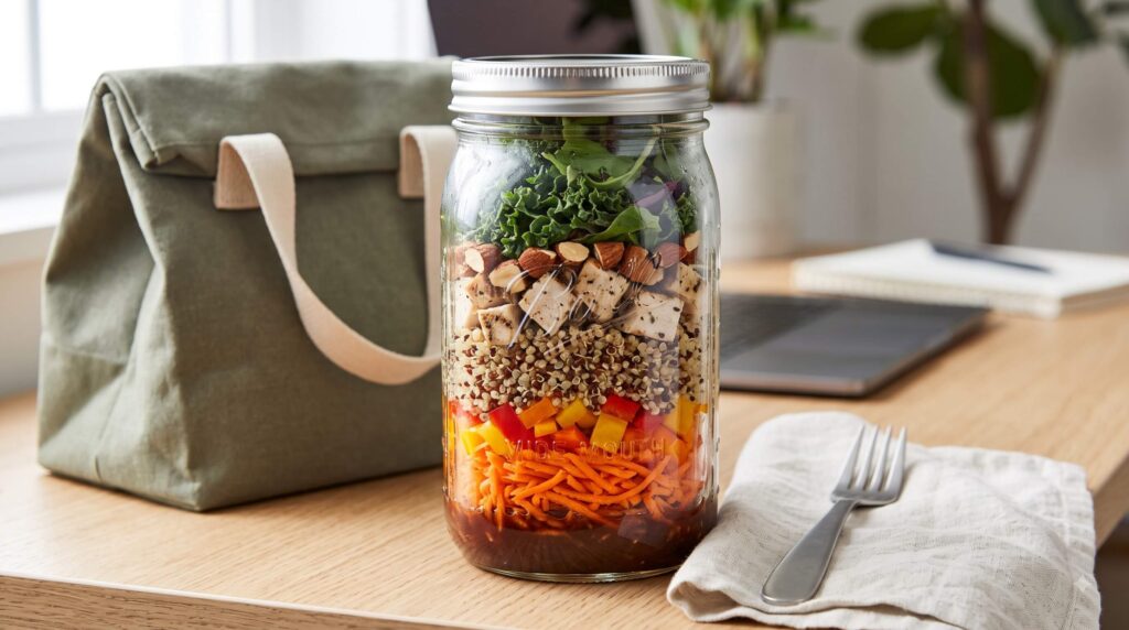 Chicken quinoa mason jar salad prepared as a high-protein work lunch