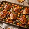 Golden maple mustard chicken thighs roasted with sweet potato cubes and Brussels sprouts on a sheet pan.