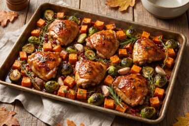 Golden maple mustard chicken thighs roasted with sweet potato cubes and Brussels sprouts on a sheet pan.