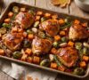 One-Pan Maple Mustard Chicken with Roasted Sweet Potatoes & Brussels Sprouts