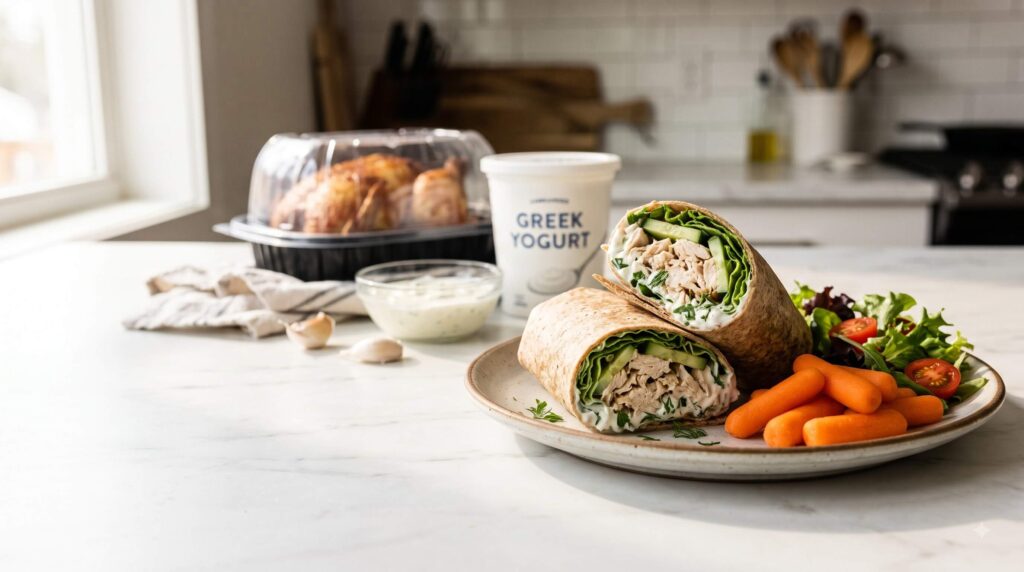 Rotisserie chicken wrap with Greek yogurt sauce for an easy high-protein dinner.