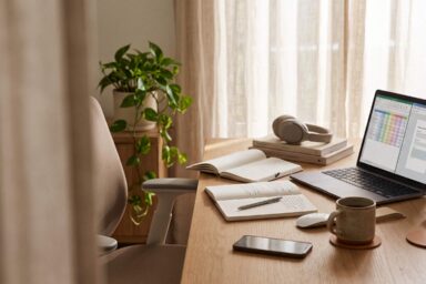 Cozy faceless home office workspace representing 10 quiet side hustles for introverts without social media