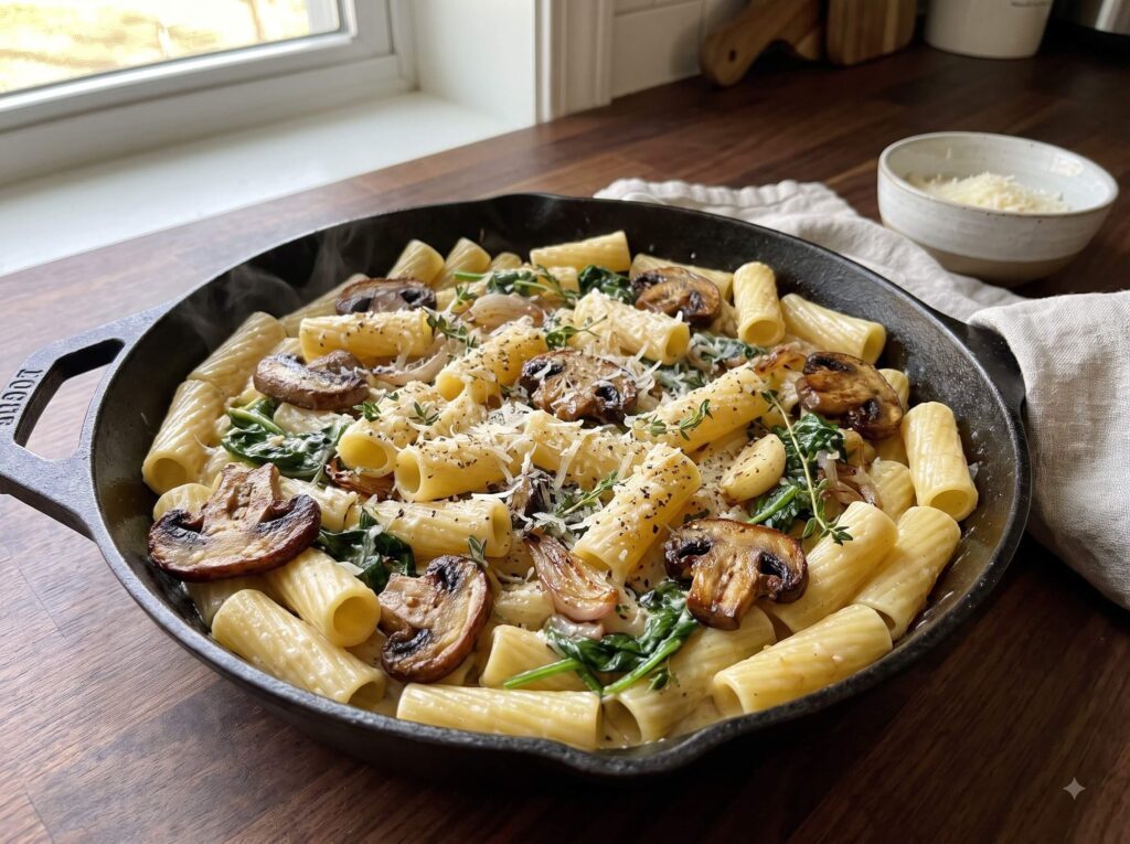 Creamy mushroom and spinach rigatoni with browned mushrooms, Parmesan and fresh herbs