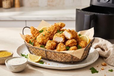 Golden crispy air fryer chicken tenders and chicken bites served with dipping sauces for a quick 10-minute dinner