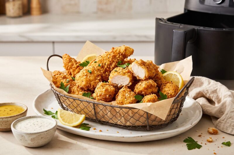 Golden crispy air fryer chicken tenders and chicken bites served with dipping sauces for a quick 10-minute dinner