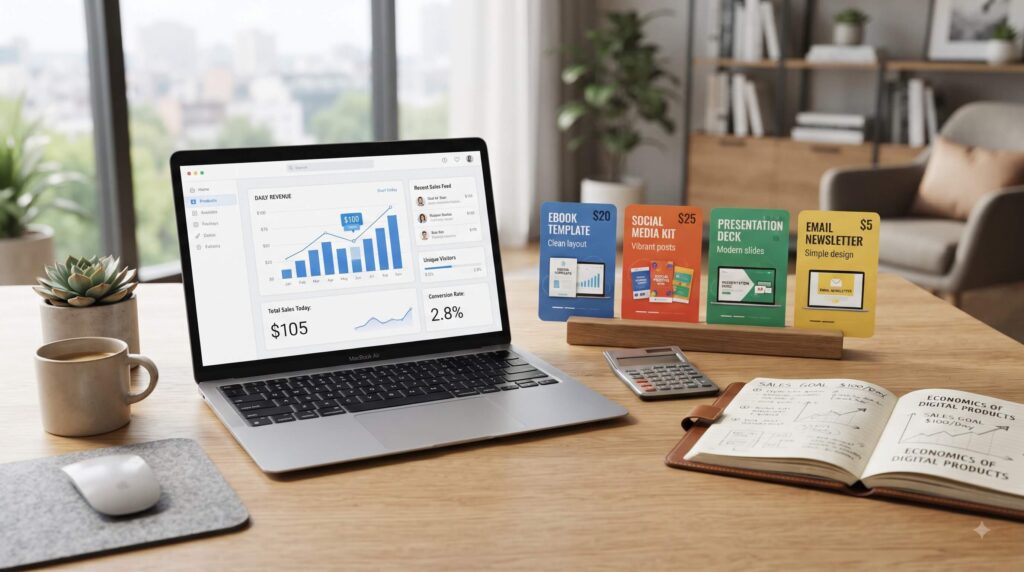 Digital product sales dashboard and template pricing examples illustrating different paths toward $100 in daily sales.